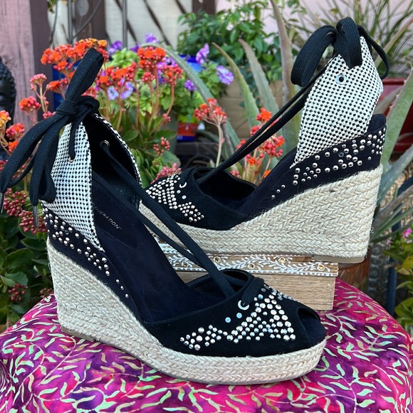 New BCBG Embellished Black Wedge Espadrille Sandals - Picture 3 of 17
